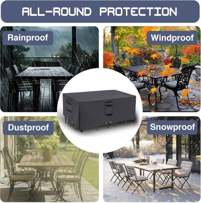 Patio Furniture Covers, Outdoor Rectangular Patio Chair Covers Waterproof Large, 600D Heavy Duty Table Cover, Outside Dining Table and Chairs Set Covers (Grey, 128 x 82 x 28in) - Image 5