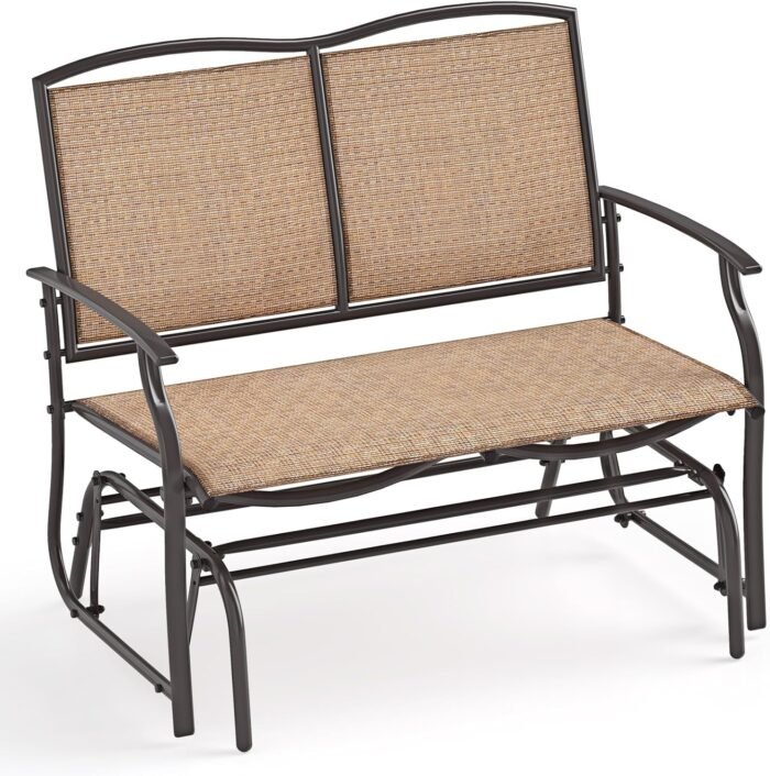 Giantex Patio Glider, 2-Person Outdoor Rocking Chair with Metal Frame and Breathable Fabric, Load 400 Lbs, Heavy-Duty Swing Bench, Loveseat, Outside Rocker for Porch, Garden and Backyard (Brown)