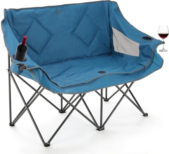 ARROWHEAD OUTDOOR Portable Folding Double Duo Camping Chair Loveseat w/ 2 Cup & Wine Glass Holder, Heavy-Duty Carrying Bag, Padded Seats & Armrests, Supports up to 500lbs, USA-Based Support