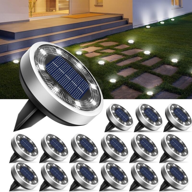 btfarm 16 Pack Solar Ground Lights Outdoor, 8 LED Solar Disc Lights IP65 Waterproof Flat Solar Lights, Pathway Lights Solar Powered for Garden Lawn Patio Yard Path Landscape, Cool White