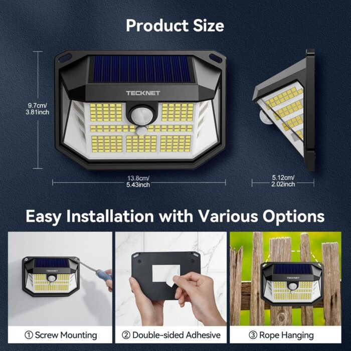 TECKNET 231 LED Motion Sensor Outdoor Lights, 4 Pack, 300° Solar Security Wall Lights, 3 Lighting Modes, IP65 Waterproof, PIR Motion Sensor for Outside, Fence, Garden, Yard, Deck, Garage - Cool White - Image 7