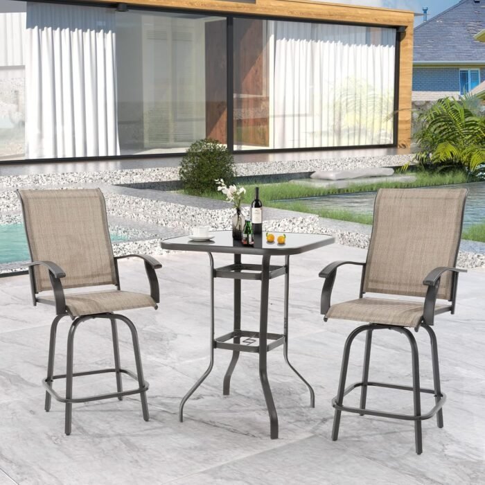UDPATIO Patio Swivel Bar Stools Chair of 2, Outdoor Bar Height Set, All Weather High Back and Armrest Patio Stools & Bar Chairs for Backyard, Lawn Garden, Balcony and Pool, Brown - Image 9