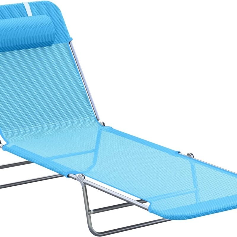 Outsunny Folding Chaise Lounge Pool Chairs, Outdoor Sun Tanning Chairs with Pillow, Reclining Back, Steel Frame & Breathable Mesh for Beach, Yard, Patio, Blue
