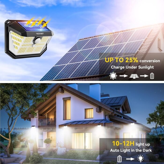 TECKNET 231 LED Motion Sensor Outdoor Lights, 4 Pack, 300° Solar Security Wall Lights, 3 Lighting Modes, IP65 Waterproof, PIR Motion Sensor for Outside, Fence, Garden, Yard, Deck, Garage - Cool White - Image 2