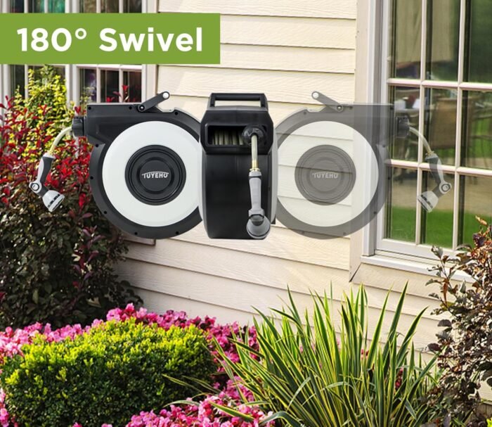 Tuyeho Retractable Garden Hose Reel 100FT, Wall Mount Heavy Duty Water Hose Reels with Automatic Slow Rewind System, Outdoor Hoses Reel with 2 Hose Nozzles for Garden Watering, Car Wash, Pet Shower - Image 7