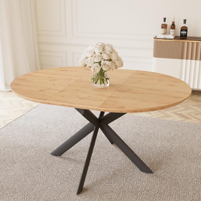 43.2"-59.1" Extendable Round Dining Table, Mid Century Modern Wooden Round Table, Leisure Oak Coffee Table,Saving Space