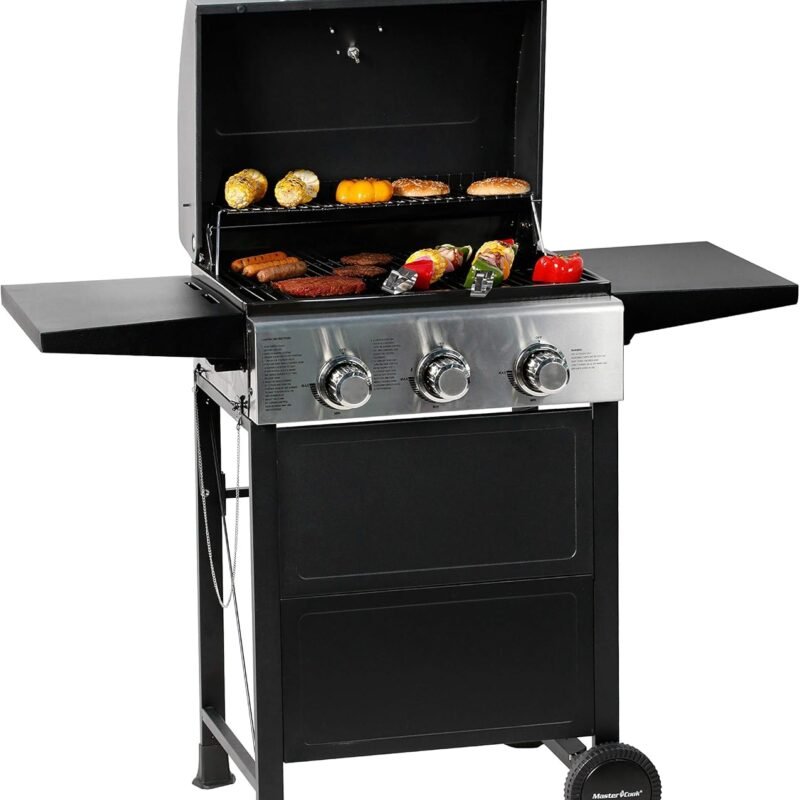 MASTER COOK 3 Burner BBQ Propane Gas Grill, Stainless Steel 30,000 BTU Patio Garden Barbecue Grill with Two Foldable Shelves