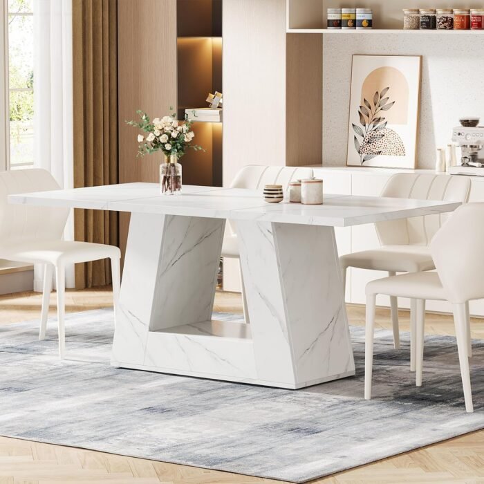 Tribesigns Dining Table for 4 to 6 People, 63" Rectangular Dining Room Table, Modern Wooden Faux Marble Dinner Table with Sturdy Base for Kitchen, Living Room - Image 7