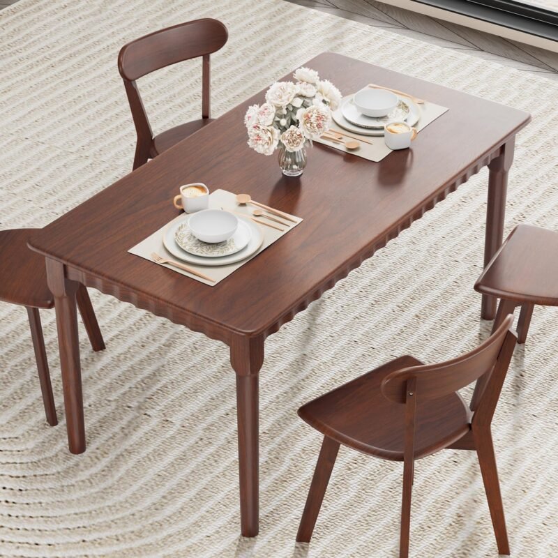 59 Inch Solid Wood Dining Table for 4-6, Farmhouse Kitchen Table with Large Tabletop, Mid Century Modern Table for Dining Room, Living Room, Kitchen, Easy Assembly, Walnut