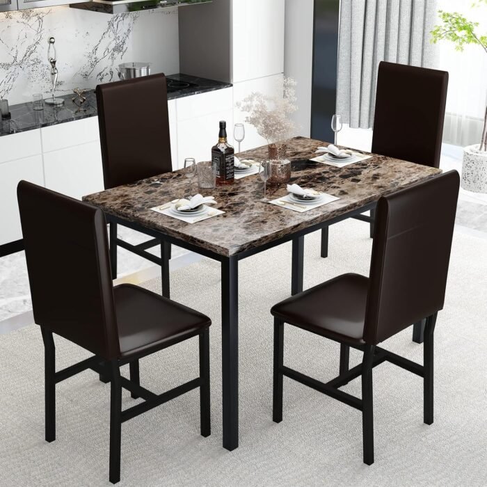 AWQM 5 Piece Dining Table Set for 4,Faux Marble Kitchen Table and Chairs for 4, Modern Dining Room Table Set with 4 Chairs,Dinner Table Set for Small Spaces, Brown - Image 2
