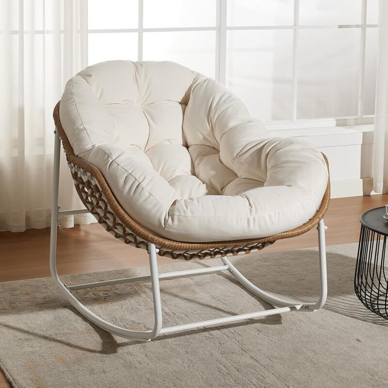 Outdoor Rocking Chair, Patio Egg Rocking Chair Indoor Oversized Papasan Chair with Thick Cushion, Rattan Wicker Lounge Chair, Comfy Wicker Chair for Bedroom, Living Room, Porch, Garden,Cream