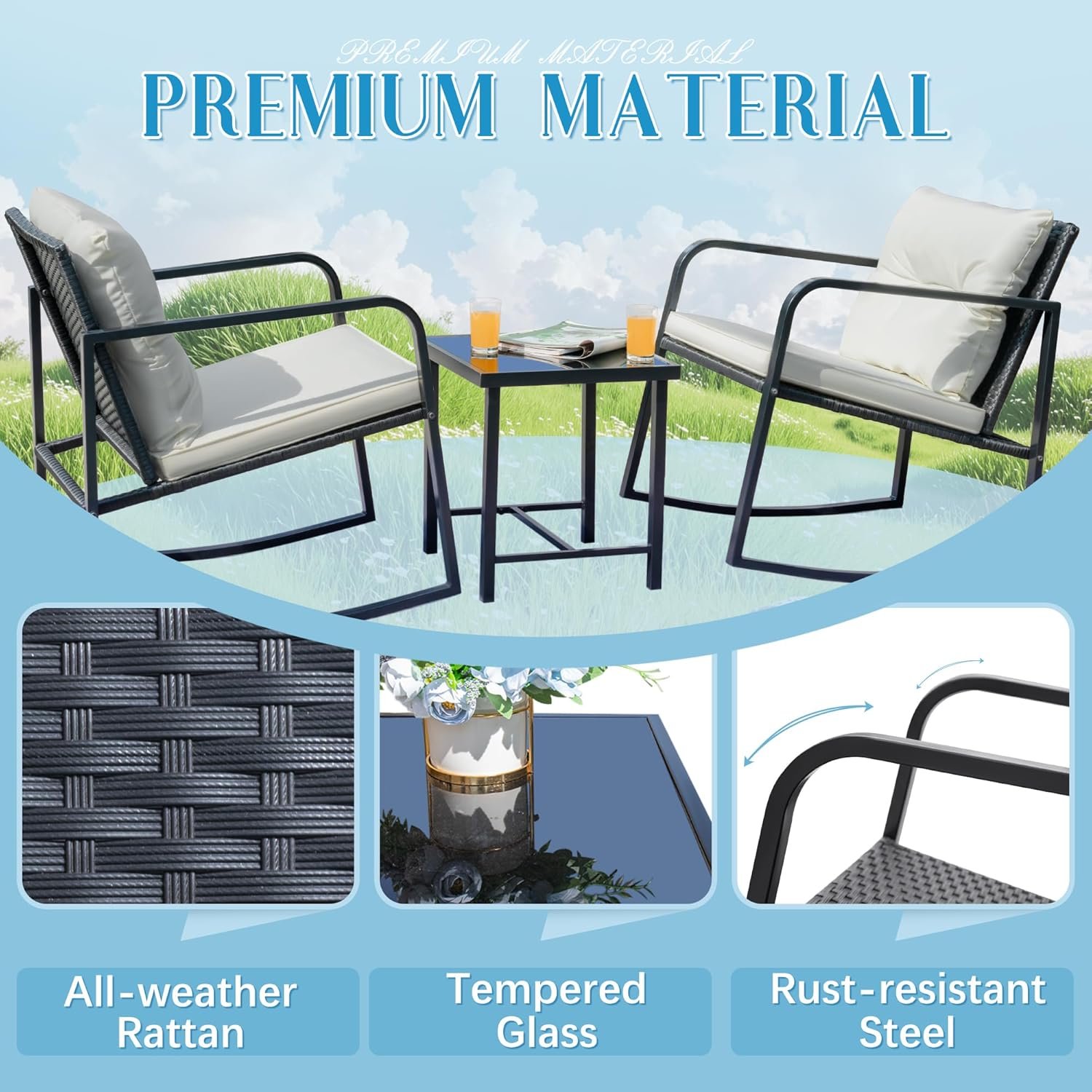 Flamaker Patio Chairs 3 Piece Wicker Rocking Chair Outdoor Bistro Sets with Coffee Table and Cushions Metal Frame Patio Furniture for Porch, Balcony, Lawn (White) - Image 3