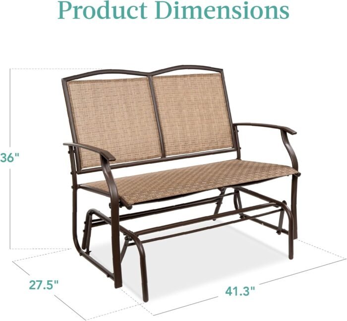 Best Choice Products 2-Person Outdoor Patio Swing Glider Steel Bench Loveseat Rocker for Deck, Porch w/Textilene Fabric, Steel Frame - Brown - Image 3