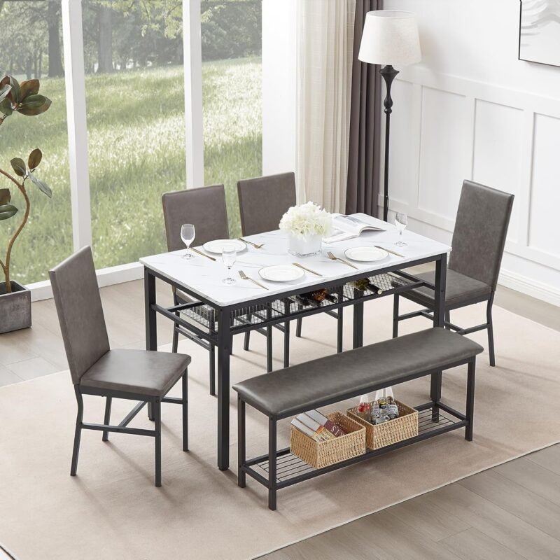 Dining Table Set for 6 - Faux Marble Kitchen Table,PU Leather Chairs and Bench with Storage Net,Kitchen Table Chairs Set for Dining Room,Small Apartment (White+Gray)