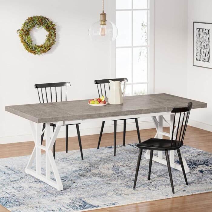 Tribesigns Farmhouse Dining Table for 6 People, 70.8-Inch Rectangular Wood Dining Table, Rustic Kitchen Table with Heavy Duty Metal Legs for Dining Room(Grey)
