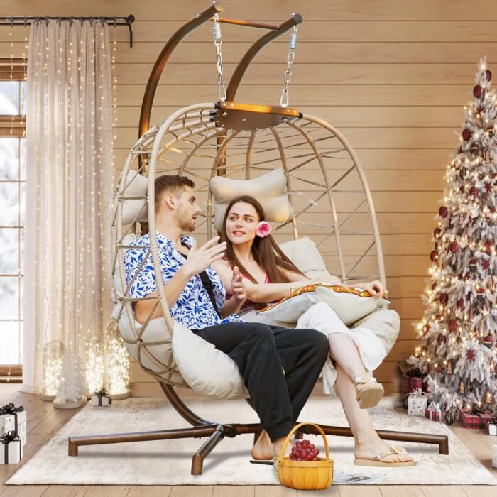 NICESOUL® Double Swing Egg Chair with Stand, Extra Large 2 Person Indoor Outdoor Wicker Patio Loveseat Basket Hanging Chair with Beige Cushions, 510 Lbs Capacity for Bedroom Balcony Oversized - Image 2