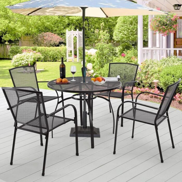 AECOJOY Metal Patio Table and Chairs Set for 4, Outdoor Dining Sets Patio Dining Table Furniture Set Round Outside Table and Chairs for Garden Backyard with Umbrella Hole - Image 4