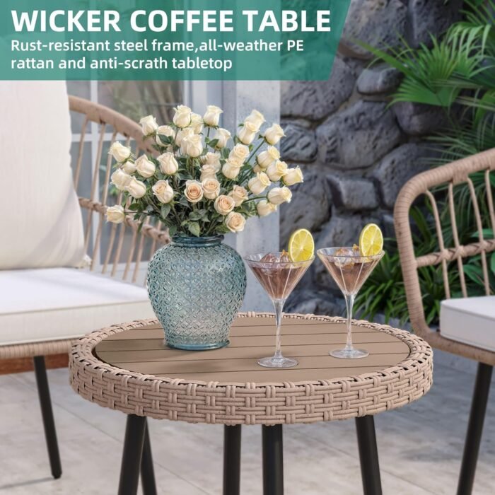 YITAHOME 3 Pieces Outdoor Wicker Patio Conversation Bistro Set, All-Weather Rattan Patio Furniture Set with Table & Cushions, Outdoor Sectional Sofa for Patio, Balcony, Backyard, Deck - Image 4