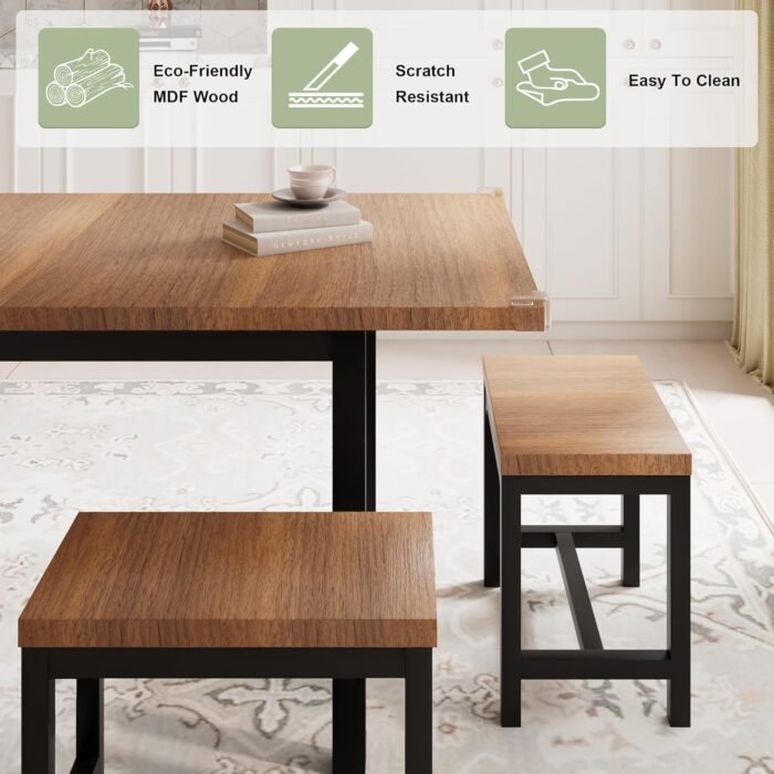 Feonase 7-Piece Dining Table Set with 6 Stools, 63" Large Extendable Kitchen Table Set for 4-8, Mid-Century Dining Room Table with Heavy-Duty Frame, Easy Assembly, Walnut - Image 5