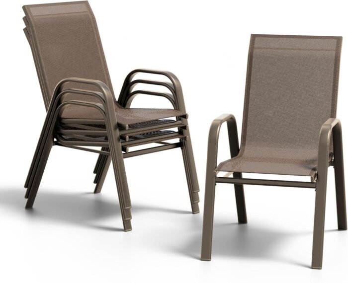 Stackable Dining Chairs Set of 4, High-Back Patio Dining Chairs Set, Outdoor Chairs with Textilene Fabric & Metal Frame for Lawn Backyard Deck Garden, Brown