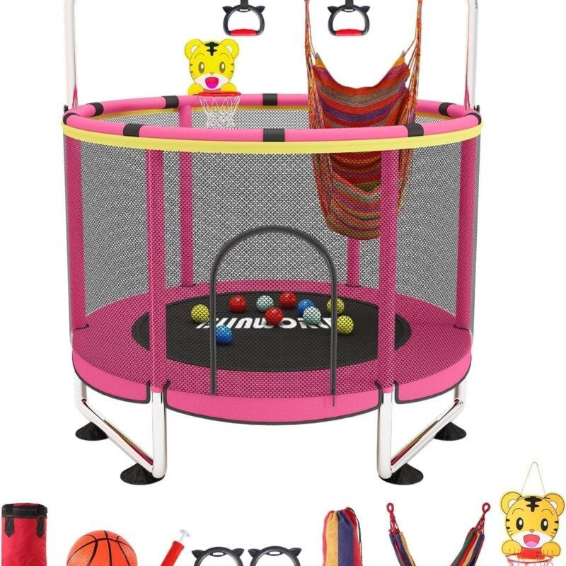 Trampoline for Kids, Adjustable Baby Toddler Trampoline with Basketball Hoop, 440lbs Indoor Outdoor Toddler Trampoline with Enclosure