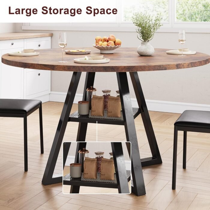 Round Dining Table for 4, Kitchen Table, Dining Table, Circle Table, Round Pedestal Dining Table, Dining Room Table, Dinner Table,Space Saving Wood Kitchen & Dining Room Tables, 47In, Rustic Brown - Image 6