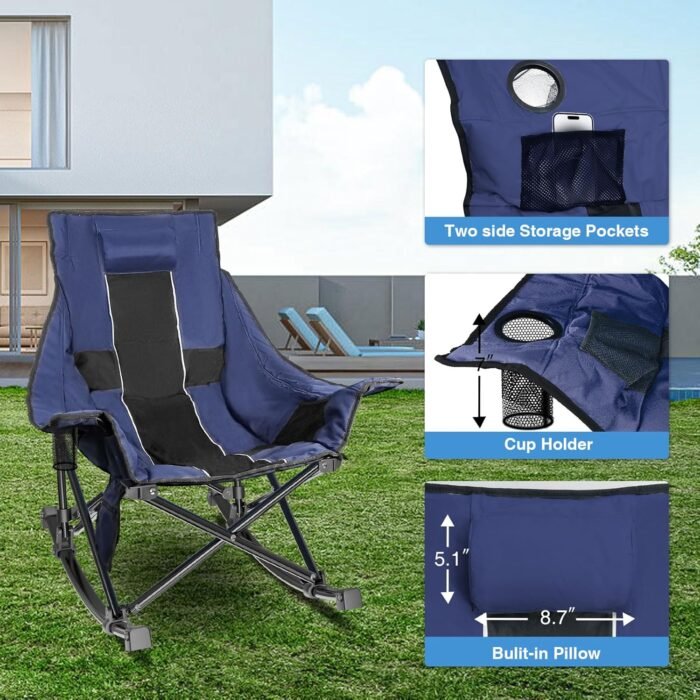 Slendor Oversized Rocking Camping Chair, Heated Camping Chair with 3 Heat Levels, Portable Outdoor Rocker Chair, High Back, Pillow, Carry Bag, Padded, Supports 330 lbs, Navy Blue - Image 5