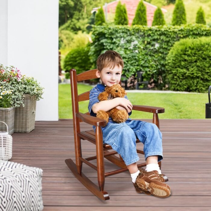 VINGLI Outdoor Children's Rocking Chair, All-Weather Wooden Rocker with High Backrest, Ideal for Garden, Yard, and Balcony, Patio Rocking Chair Suitable for Ages 3-6, Teak - Image 7