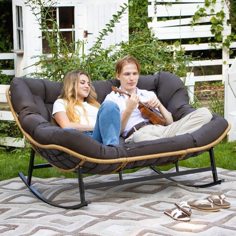 NICESOUL® Double Rocking Papasan Chair Outdoor, XL Size Large Patio Padded Rocking Chair for 2, Comfortable Lounge Egg Rocker, 700 Lbs Wide Big Reading Chair for Backyard, Garden, Porch, Balcony, Grey