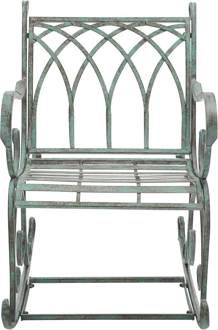 SAFAVIEH Outdoor Collection Medrano Victorian Antique Dark Green Wrought Iron Rocking Chair - Image 3