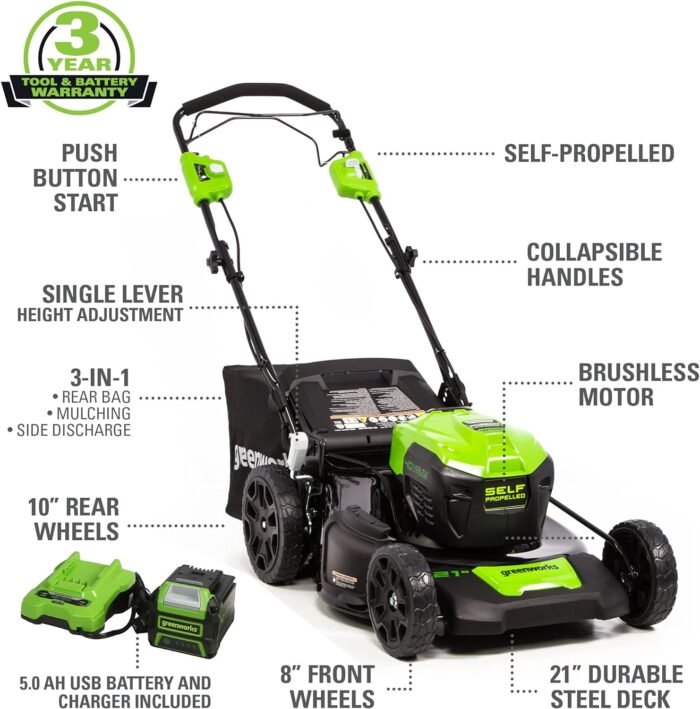 Greenworks 40V 21" Brushless Cordless (Self-Propelled) Lawn Mower (75+ Compatible Tools), 5.0Ah Battery and Charger Included - Image 2