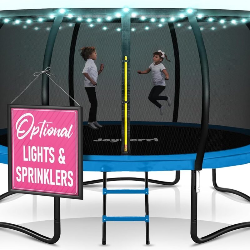 Trampoline Outdoor - ASTM Certified Safe, 8Ft, 10Ft, 12Ft, 14Ft, 15Ft, 16Ft Recreational Trampoline for Kids and Adults. Anti-Rust Coating with Enclosure Net, Ladder, Sprinkler & LED Lights