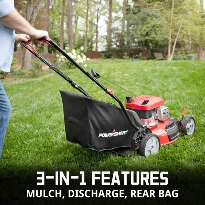 PowerSmart Gas Lawn Mower 21-inch, 144cc OHV Engine 3-in-1 Rear Bag, Mulch and Side Discharge, 6-Position Height Adjustment - Image 2