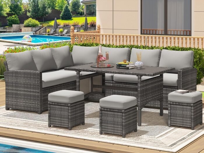 U-MAX 7 Pieces Patio Furniture Set, Outdoor Sectional Sofa Conversation Set, All Weather Wicker Rattan Dining Table & Chair with Ottoman, Grey Rattan&Grey Cushion - Image 3