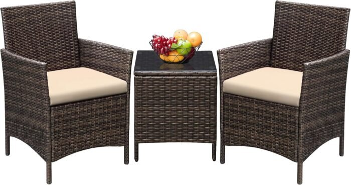 Greesum 3 Pieces Patio Furniture Sets Outdoor PE Rattan Wicker Chairs with Soft Cushion and Glass Coffee Table for Garden Backyard Porch Poolside, Brown and Beige