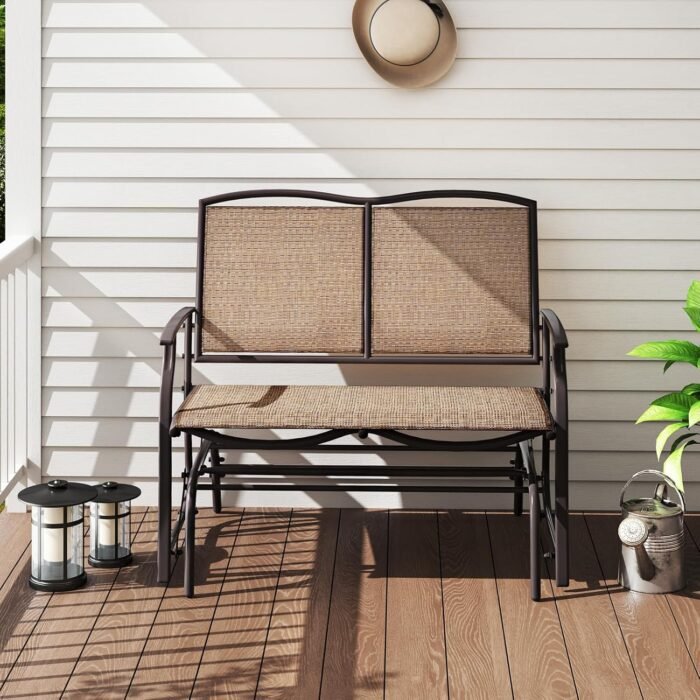 Giantex Patio Glider, 2-Person Outdoor Rocking Chair with Metal Frame and Breathable Fabric, Load 400 Lbs, Heavy-Duty Swing Bench, Loveseat, Outside Rocker for Porch, Garden and Backyard (Brown) - Image 2