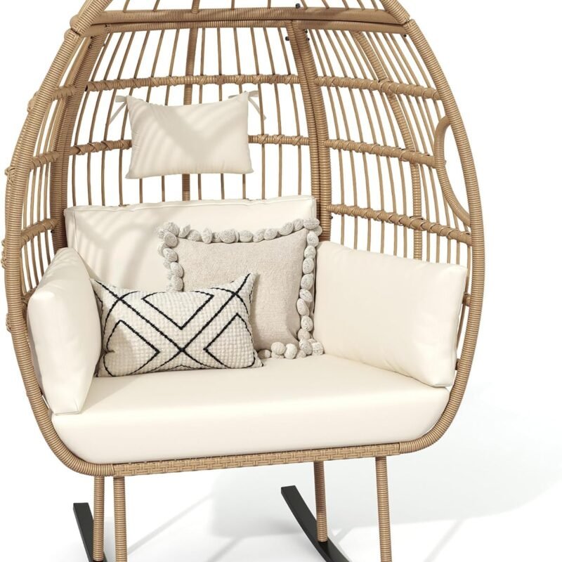 DWVO Rocking Egg Chair Outdoor, 370lbs Capacity Oversized Patio Glider Basket Chair, All-Weather Wicker Egg Lounger Chair for Outside Indoor, Beige