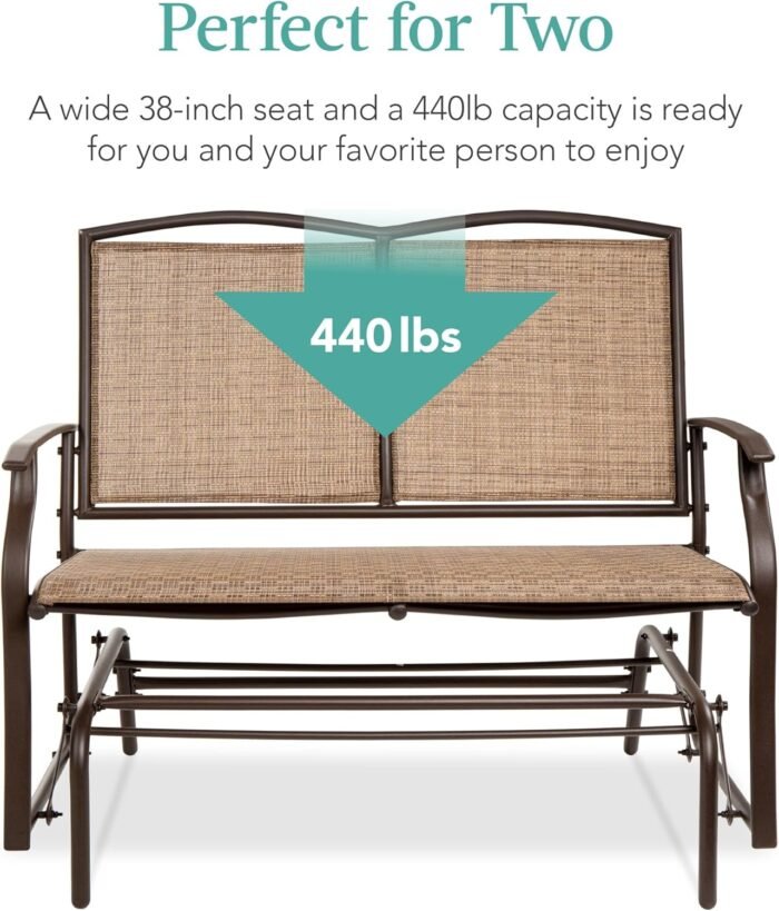 Best Choice Products 2-Person Outdoor Patio Swing Glider Steel Bench Loveseat Rocker for Deck, Porch w/Textilene Fabric, Steel Frame - Brown - Image 6