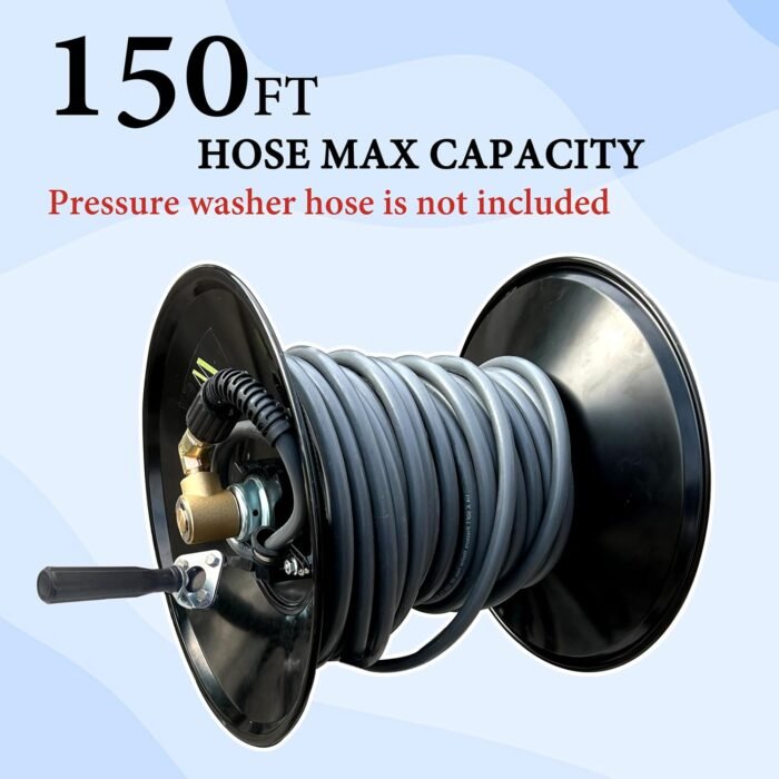 M MINGLE High Pressure Washer Hose Reel 150ft, Heavy Duty Steel Hose Reel, Manual Crank Power Washer Hose Reel with 3/8" Pressure Wash Whip Hose, Swivel Arm and Mounting Bracket, 4000 PSI - Image 2