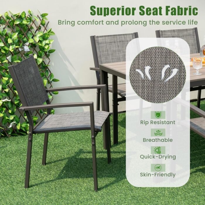 Tangkula 7 Piece Outdoor Dining Set, Patio Furniture Set w/ 6 Stackable Chairs & Large Rectangle Table, Dining Table Set for 6, Backyard, Porch, Garden, Poolside (Gray) - Image 6