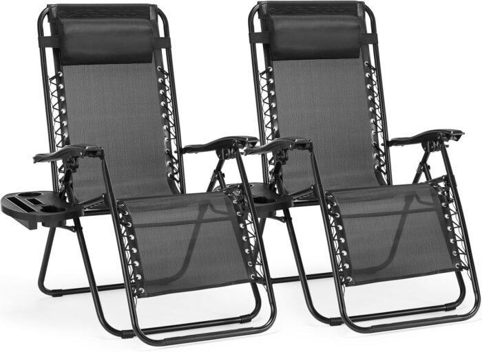 Sweetcrispy Zero Gravity Chairs, Set of 2 Portable Recliner Beach Camping Patio Outdoor Folding Lounge Chair with Cup Holder Trays and Adjustable Pillow for Poolside, Garden, Backyard, Lawn (Black)