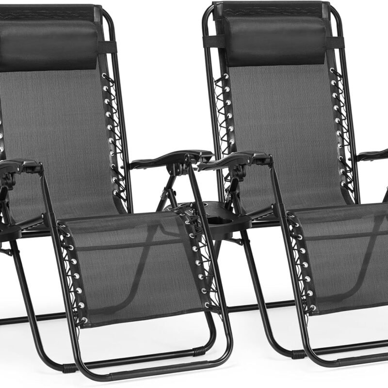 Sweetcrispy Zero Gravity Chairs, Set of 2 Portable Recliner Beach Camping Patio Outdoor Folding Lounge Chair with Cup Holder Trays and Adjustable Pillow for Poolside, Garden, Backyard, Lawn (Black)