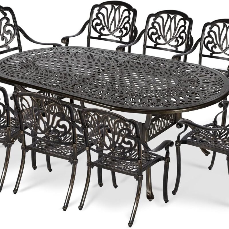 VIVIJASON 9-Piece Patio Furniture Dining Set, All-Weather Cast Aluminum Outdoor Conversation Set, Include 8 Chairs and an Oval Table with Umbrella Hole for Balcony Lawn Garden Backyard