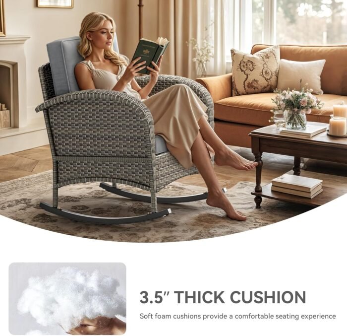 YITAHOME Wicker Rocking Chair, Outdoor Patio Rocking Chair with Plush Cushions, PE Rattan Bistro Chair, Perfect for Garden, Backyard, Porch, and Patio Use, Grey - Image 5