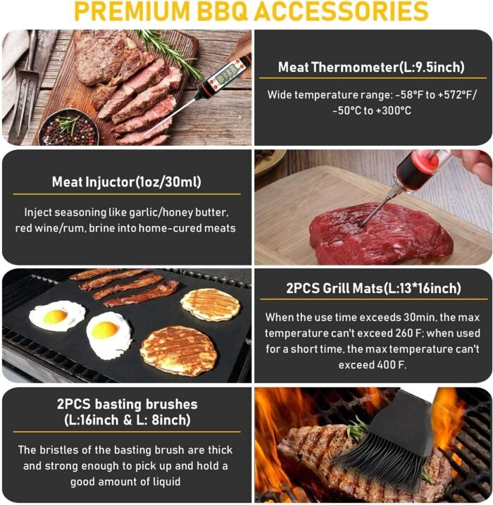 34Pcs Grill Accessories Grilling Gifts for Men, 16 Inches Heavy Duty BBQ Accessories, Stainless Steel Grill Tools with Thermometer, Grill Mats for Backyard, BBQ Set for Men Women - Image 6