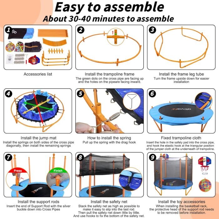 Ativafit 60'' Rebounder Trampoline Indoor Outdoor for Kids Ages 1-8, 5 FT Recreational Toddler Trampoline with Safety Enclosure Net Gifts with Basketball Hoop Dartboard Ocean Bal - Image 9