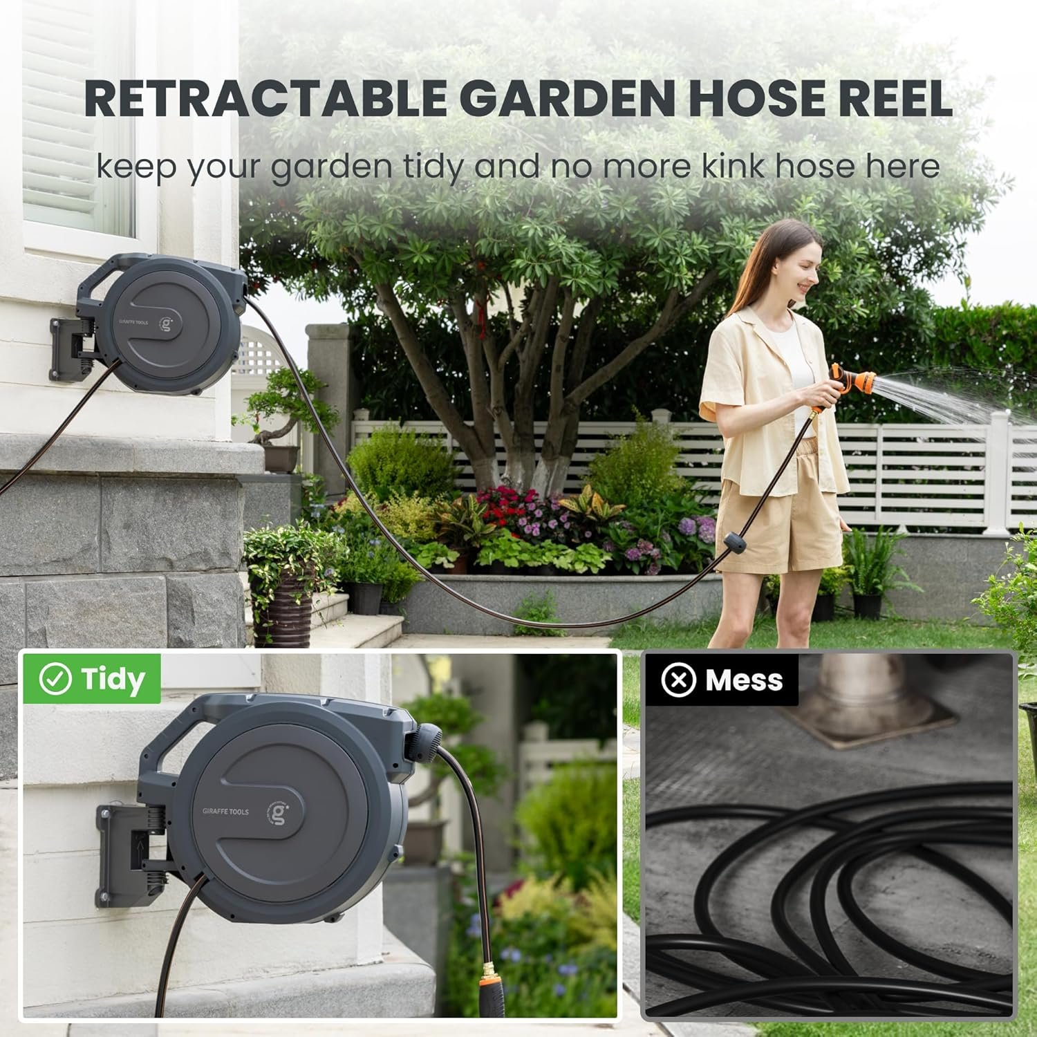 Giraffe Tools AW30 Garden Hose Reel Retractable 1/2" x 100 ft Wall Mounted Water Hose Reel Automatic Rewind, Any Length Lock, 100 ft, Dark Grey - Image 6