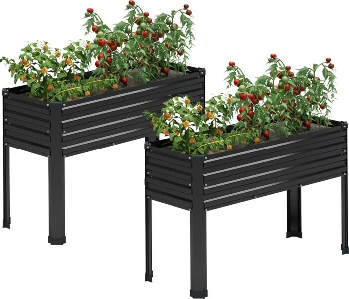 MGNO Galvanized Raised Garden Bed Outdoor with Legs,48×18×32in Metal Elevated Raised Planter Box for Backyard, Patio, Balcony, 300lb Capacity,Black