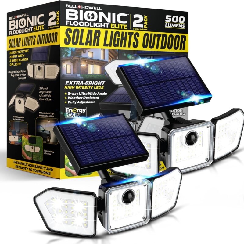Bionic Flood Light 2 Pk Solar Lights Outdoor Waterproof, 500 Lumens Motion Sensor Outdoor Lights, Solar Motion Lights Outdoor for House, Solar Security Lights, Solar Powered Flood Light As Seen on TV