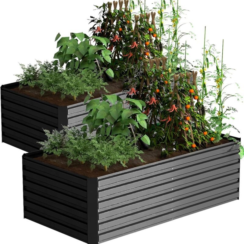 FOOWIN 2pcs 8x4x2ft Galvanized Raised Garden Bed, Deep Root Planter Box Outdoor,Large Heavy Metal Raised Garden Beds for Vegetables Flowers Herb,478 Gallon Capacity (Black)